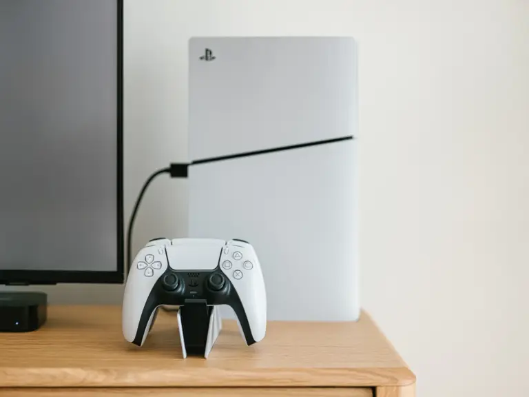 Entertainment setup in the living room of the Stay Eden MOONSTONE GREEN apartment in Ramstein, featuring a TV and PlayStation 5 for guest use.
