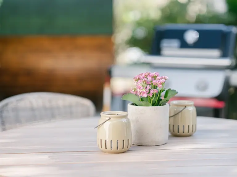 Decorative elements in the outdoor area of the Stay Eden MOONSTONE GREEN apartment in Ramstein, featuring plants and well-styled outdoor accents.