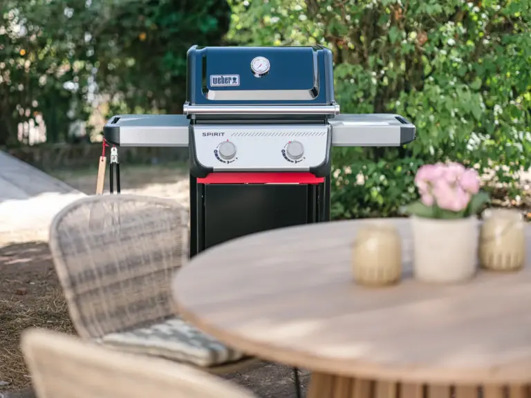Outdoor area of the Stay Eden MOONSTONE GREEN apartment in Ramstein, featuring a Weber grill and a well-kept seating space.