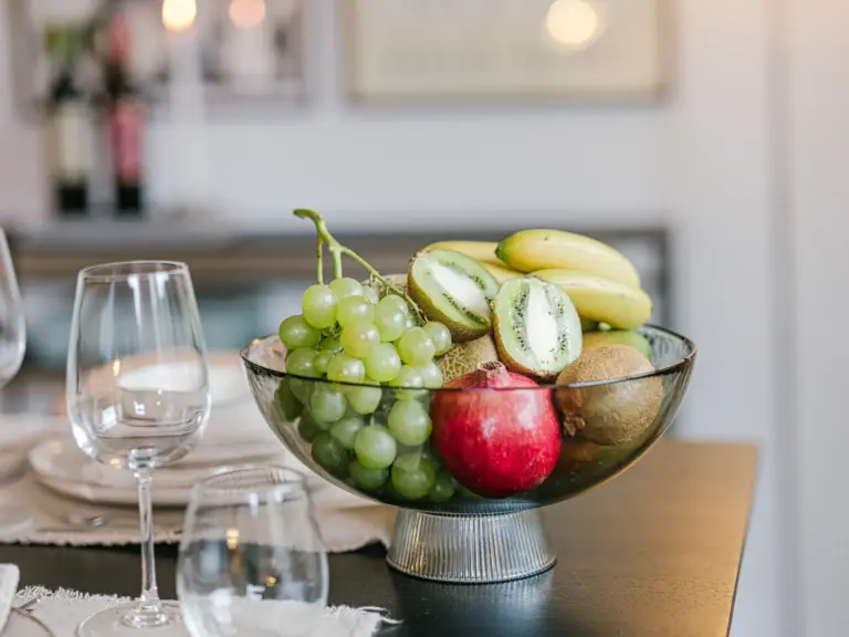 Dining table with fruit basket and elegant decor at Stay Eden TOPAZ GREEN near Ramstein Air Base.