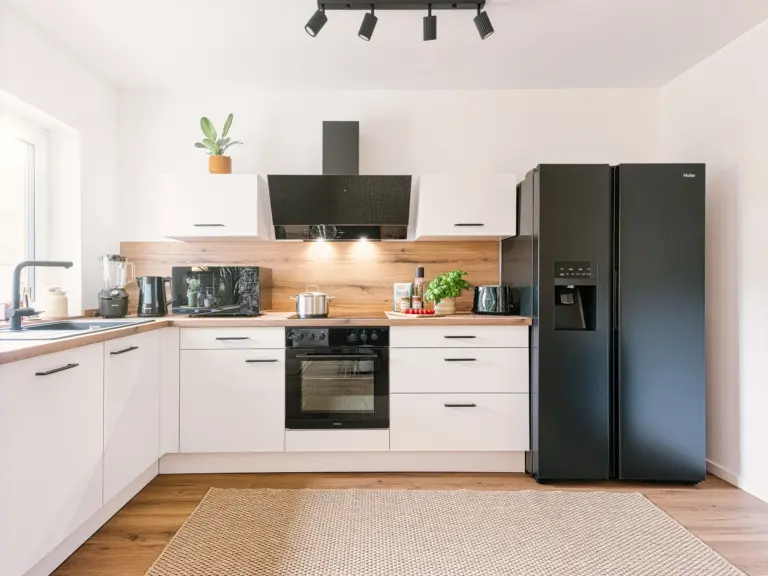 Modern kitchen with white cabinets and wood accents at Stay Eden TOPAZ GREEN near Ramstein Air Base.
