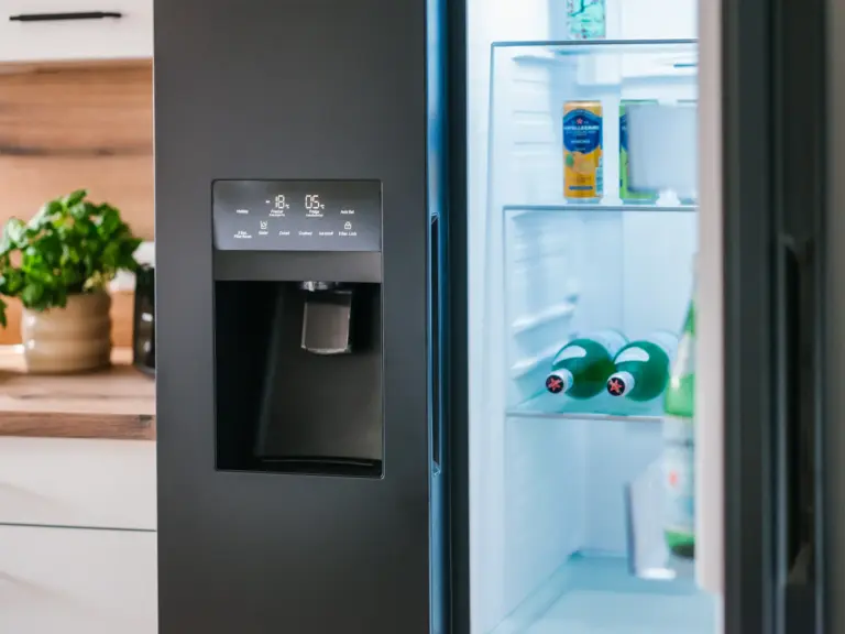 Kitchen with side-by-side fridge and modern appliances at Stay Eden TOPAZ GREEN near Ramstein Air Base.