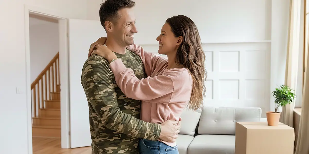 U.S. service member and partner in the living room of their off-base home in Germany during TDY stay