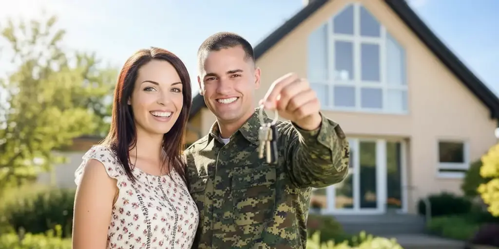 U.S. service member and partner holding house keys in front of off-base home in Germany during TLA stay